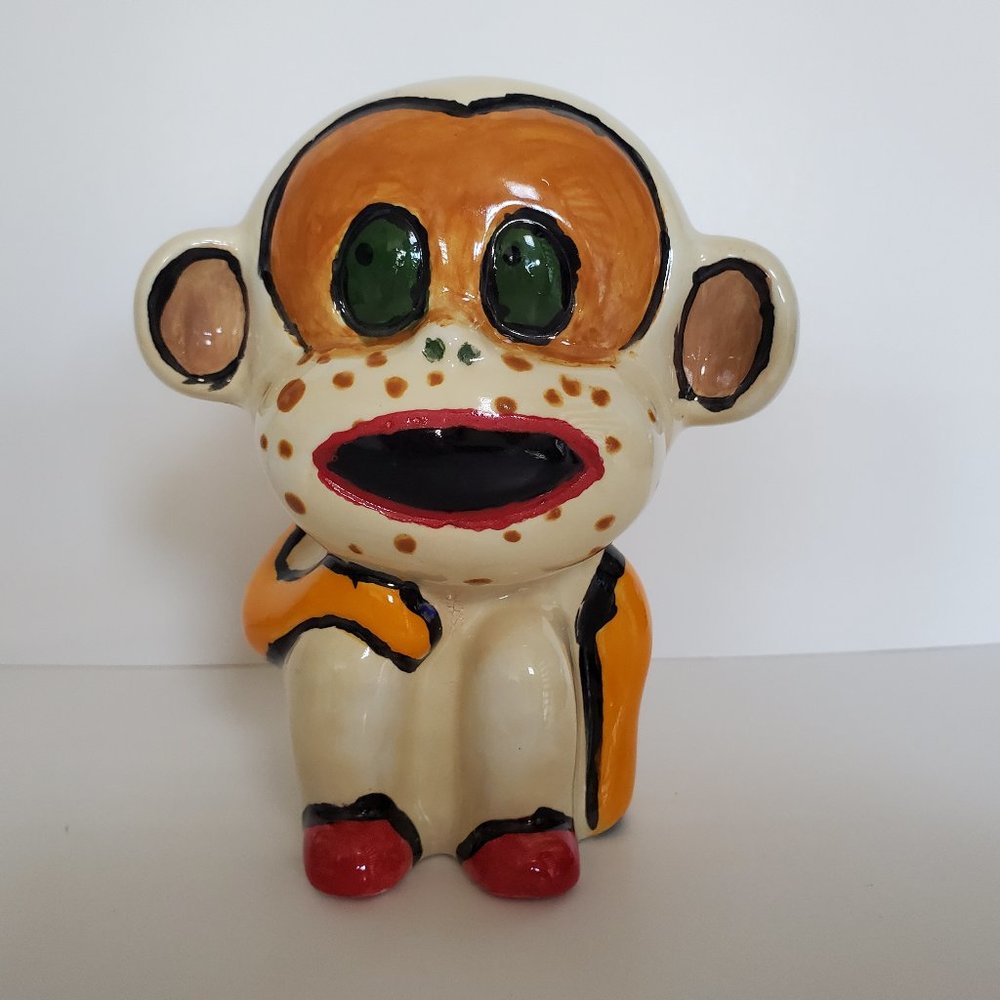 UNIQUE * BIRAL Signed Bisqueware Cute Colourful Ceramic Monkey Statue